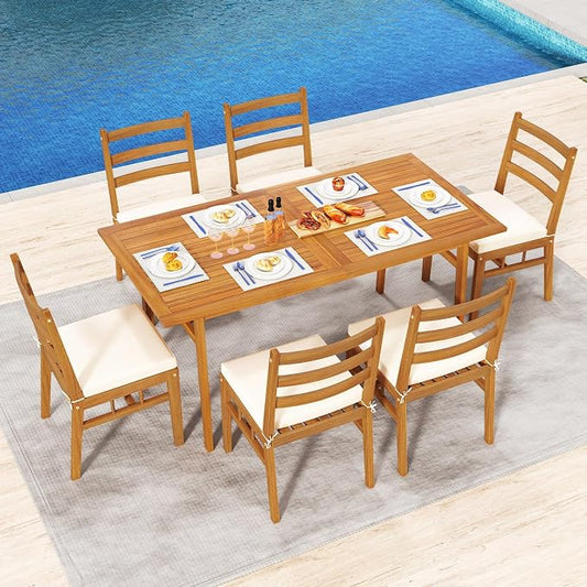 Tangkula 7 Pieces Patio Acacia Wood Dining Set, Outdoor Heavy Duty Rectangular Table with 1.97” Umbrella Hole and 6 Cushioned Chairs, for Deck, Garden and Backyard
