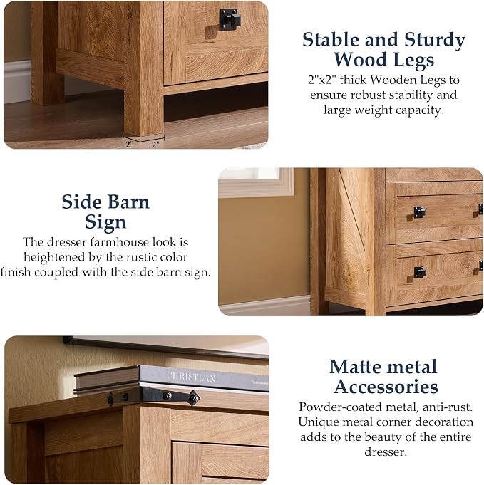 T4TREAM 54" Wide Farmhouse 6-Drawer Dresser for Bedroom, Light Knotty Oak | Rustic, Wood Storage Cabinet, Metal Handle, Unique Corner Accent, Bedroom, Living Room, Hallway