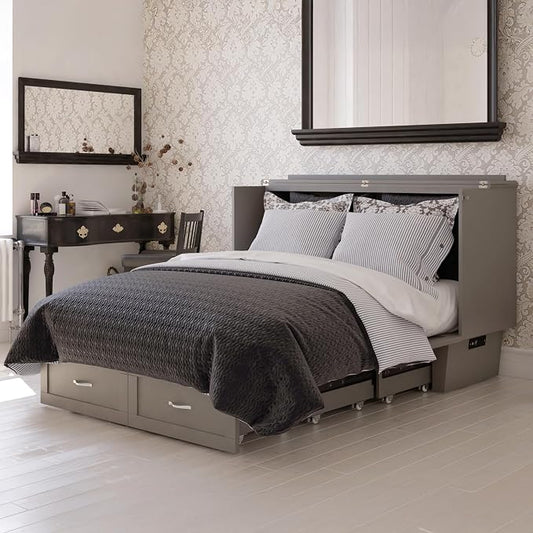 AFI, Monroe Queen Murphy Bed Chest with 6" Mattress, Storage Drawer & Built-in USB Charger, Grey