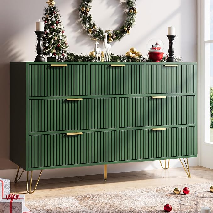 MAISONARIA Green Dresser for Bedroom, 7 Drawer Dresser with Gold Pulls, Wide Chest of Drawers for Bedroom, Entryway, 47.2" L x 15.7" D x 31.4" H