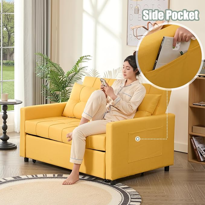 GOSUHI 52" Sleeper Sofa with Pull-Out Bed, 3-in-1 Convertible Sofa Bed, Set of Loveseat with Stepless Adjustable Backrest and Side Pocket, for Living Room Dorm Apartment, Linen, Yellow