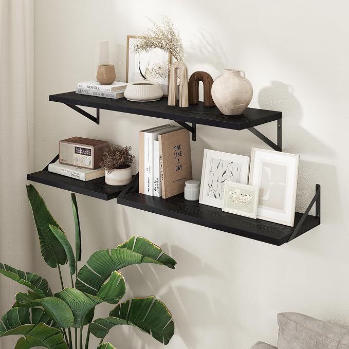 Axeman Deep Floating Shelves - 40 Inch Black Floating Shelves Set of 2-12 Inch Deep Wood Wall Shelves for Living Room Bathroom Kitchen
