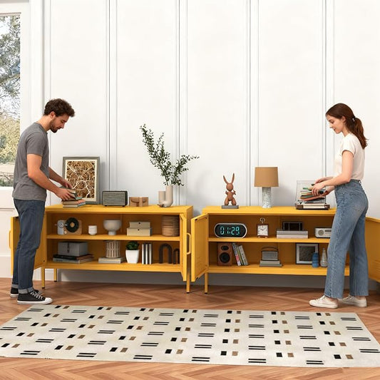 Wide Lockable Metal TV Stand with Accent Cabinet Locker, Heavy Duty Entertainment Center for Bedroom, Adjustable Shelves & 2 Doors, Multifunctional Storage Cabinet for Home 22"H X 35.4"W X 13.8"D