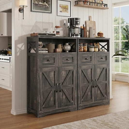 Dark Wood Grey Farmhouse Storage Cabinet Set of 2, Small Kitchen Pantry Cabinet with Drawers and Adjustable Shelf, Sideboard Buffet Coffee Bar Cabinet for Living Room/Dining Room/Bathroom/Home Office