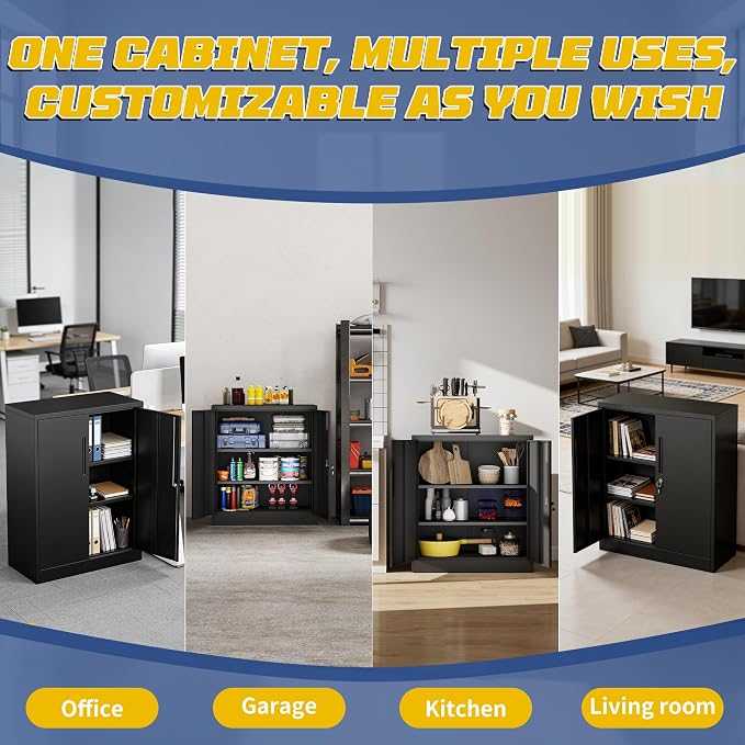 Metal Storage Cabinet with Doors and Adjustable Shelves, 35" Steel Garage Storage Cabinets with lock, Locking Tool Cabinet Utility Cabinets for Garage,Bathroom,Kitchen,Home Office,School,Shop