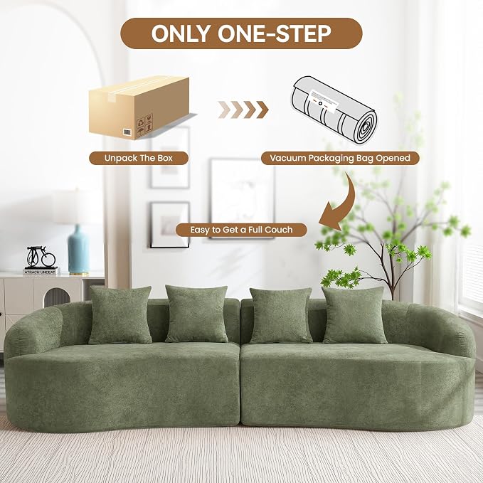 110" Boneless 4 Seater Sofa Couch, Modern Oversized Curved Cloud Sofa, Chenille 4-Seater Deep Seat Sectional Couches for Living Room, No Assembly, Green