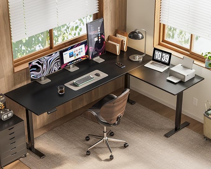 OffiGo 71 Inch Reversible L Shaped Electric Standing Desk, Height Adjustable Corner Stand up Desk, Ergonomic Large Lift Computer Table for Home, Office, Workstation, Black