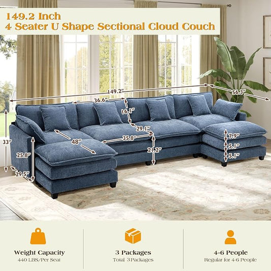 149.2" Modular Sectional Sofa,Cloud Couch for Living Room, Modern Deep Seat Sofa 4 Seater Chenille Fabric Comfy Couches with Throw Pillows & Ottoman for Apartment