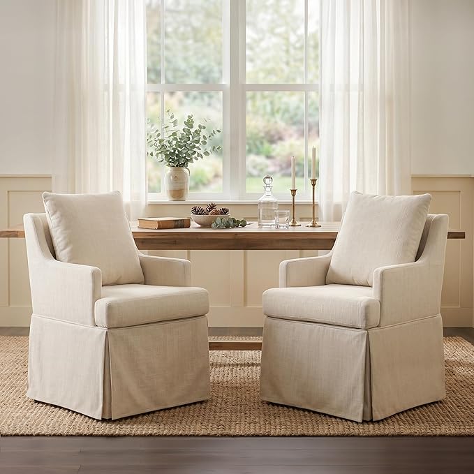 UVV Upholstered Dining Chairs Set of 6, Modern Kitchen Chair Dining Room Chair with 4 Casters, Linen Armchair for Bedroom Reading Room Living Room, Beige