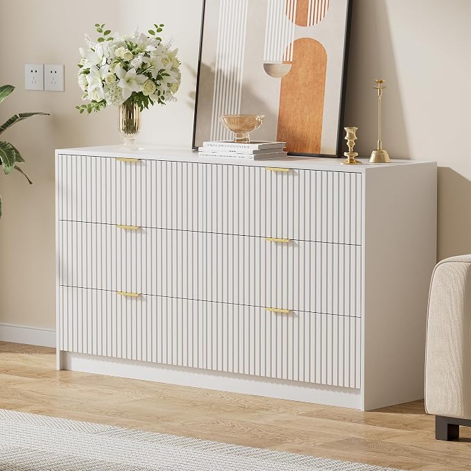 Furniway White Dresser for Bedroom, Modern Dresser with 6 Drawers and Smooth Slides, Wide Chest of Drawers with Golden Handles for Bedroom, Living Room, Closet, 15.7" D x 55.1" W x 31.4" H