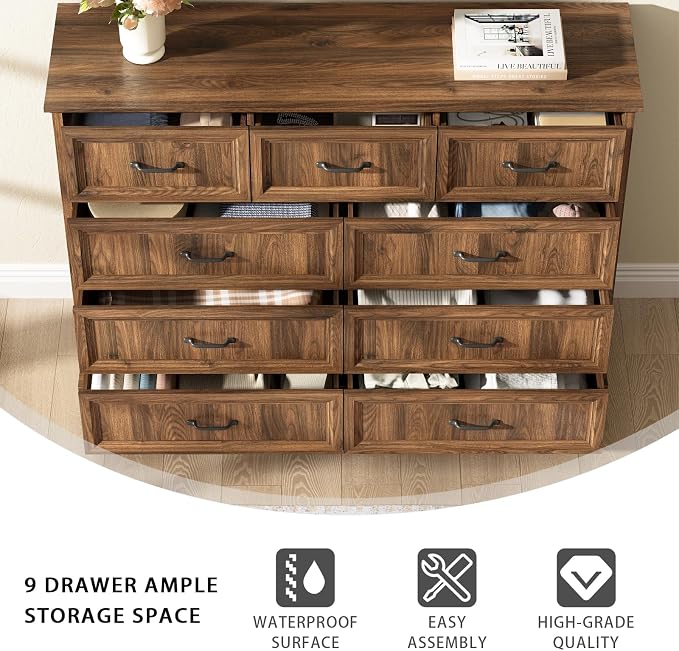 CARPETNAL Farmhouse Dresser and Nightstand Sets for Bedroom, 3 Pcs Bedroom Set, 9 Drawer Dresser & Nightstand Set of 2, Modern Wood Chest of Drawers for Bedroom, Living Room, Entryway, Brown