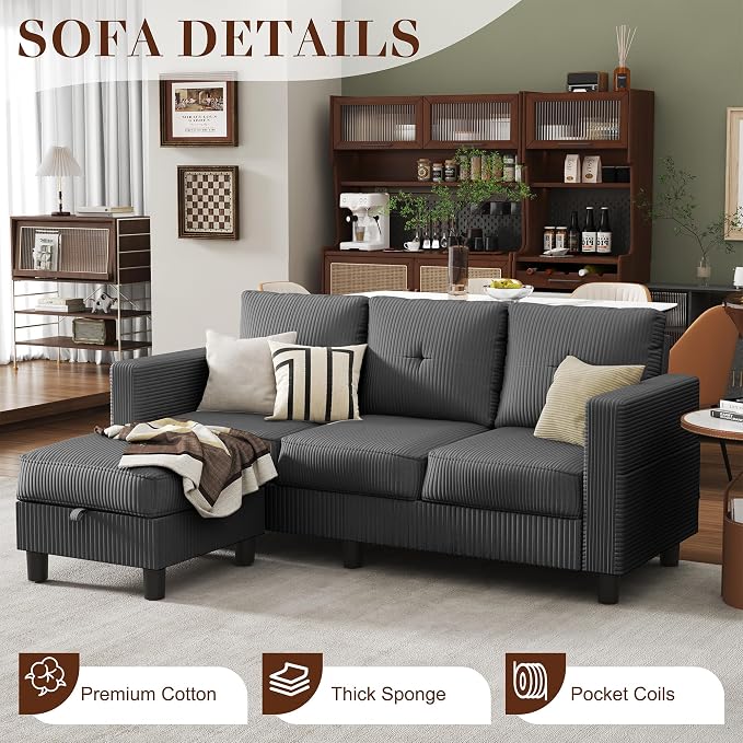 JAMFLY Convertible L-Shaped Sectional Sofa with Reversible Storage Ottoman, 3-Seat Couch with Side Pockets, Modern Compact Furniture for Small Apartments, Studios & Lofts, Grey