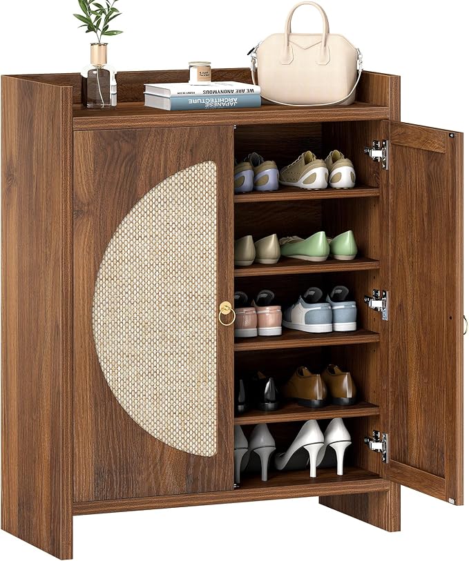 Shoe Cabinet Storage for Entryway - Rattan Entry Way Shoe Storage Cabinet with Adjustable Shelves, Wood Shoe Organizer Cabinet, Accent Cabinet with Doors for Entrance Hallway Living Room Foyer