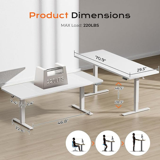 Huuger 71 x 30 Large Electric Standing Desk, Height Adjustable Computer Desk, 29.5" Deep Desktop, Stand up Gaming Office Table with 2 Hooks, 3 Preset Heights, for Home Office, White