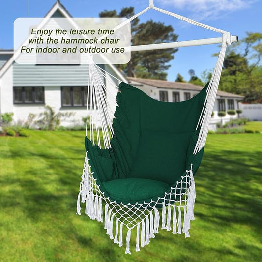 Hammock Chair, Hanging Rope Swing Seat with 2 Cushions,Macrame Hanging Chair Side Pocket with High Load-Bearing Metal Rod,for Indoor, Outdoor, Extra Comfortable (Green)
