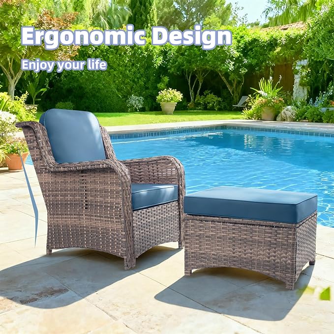 2 Pieces Patio Wicker Furniture Set, High Back Wicker Patio Chair Set with Ottoman, Outdoor Porch Chair with Thick Cushion for Balcony Deck Yard and Porch, Peacock Blue
