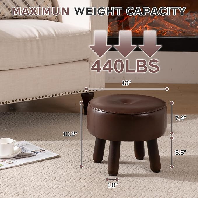 oakvivo Small Foot Stool Ottoman, Round Pouf Foot Rest, Footstool Ottomans with Rubber Legs Under Desk, Faux Leather Footrest for Couch, Living Room, Bedroom, Office, 13''L x 13''W x 10.2''H, Coffee