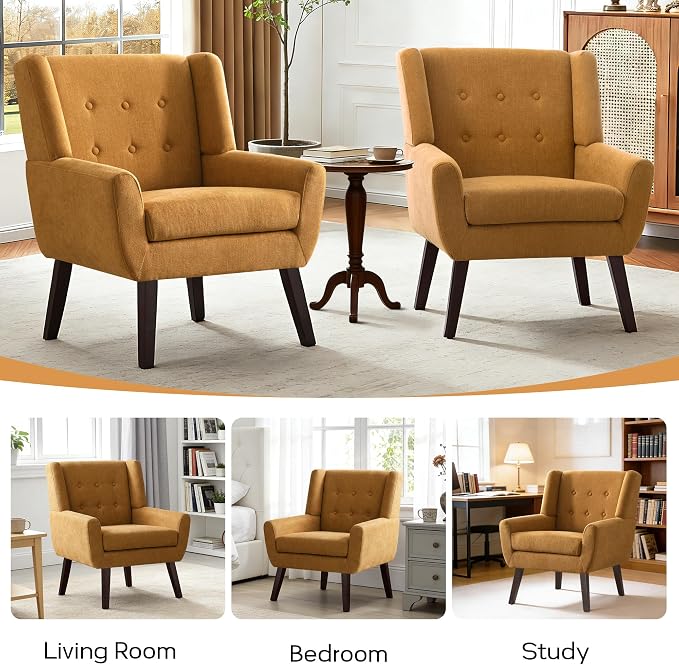 HUIMO Accent Chair, Button Tufted Upholstered Sofa Chairs, Comfy Linen Fabric Armchair for Bedroom, Reading, Mid-Century Modern Living Room Chair (Yellow)