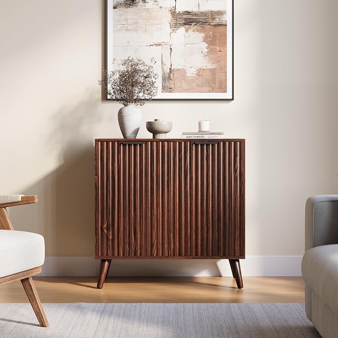 Walnut Sideboard Buffet Cabinet with Storage, 2 Doors Modern Fluted Buffet Cabinet for Living Room, Accent Credenza with Adjustable Shelves Entryway Storage Cabinets for Kitchen, Entryway