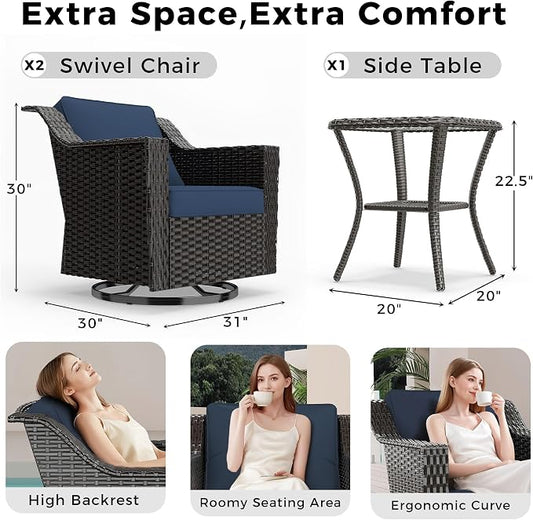 3 Pieces Patio Conversation Furniture Set - 2 Swivel Chairs, 1 Side Table, Outdoor Wicker Rocking Glider Armchairs with Washable and Water-Resistant Cushions for Balcony, (Navy Blue)