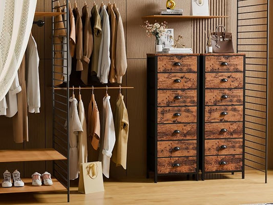 Furnulem Dresser for Bedroom, 7 Drawers Tall Chest of Drawers | Rustic Brown Storage Organizer, Fabric Bins, Metal Frame, Wood Desktop, Dorm Vertical Closet,Bedside Furniture in Living Room