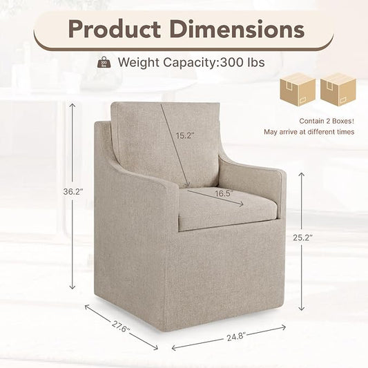 KISLOT Upholstered Dining Chairs Set of 2, Modern Dining Room Chairs with Casters & Washable Cover, Rolling Accent Chair with Hidden Storage for Kitchen, Farmhouse, Linen, 2 Box