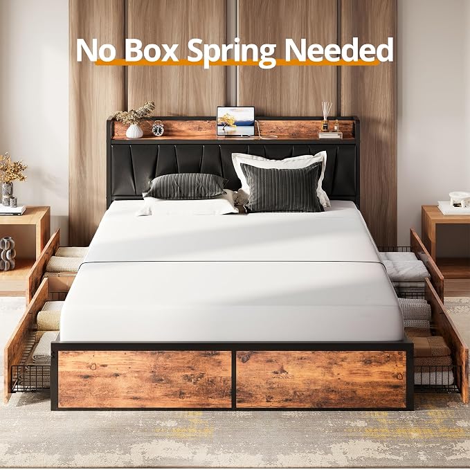 LIKIMIO California King Bed Frame with 4 Storage Drawers, Platform Bed with Charged Headboard, Sturdy and Stable, No Noise, No Box Spring Needed, Easy to Install, Vintage Brown and Black