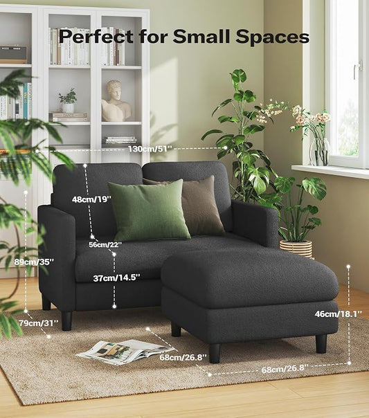 Welzona Loveseat, 51" Small L Shaped Couch, Comfy Teddy Love Seat with Ottoman Set, Tool-Free Setup Loveseat Sofa with Ottoman, All-Wood Small Sofa Couch for Bedroom, Couch for Living Room, Grey