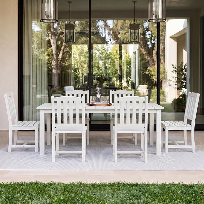 Perli™ 7-Piece Outdoor Dining Set, All-Weather HDPE Patio Table and 6 Chairs with Umbrella Hole, UV-Resistant Composite Wood Dining Furniture for Deck, Backyard, Poolside, White