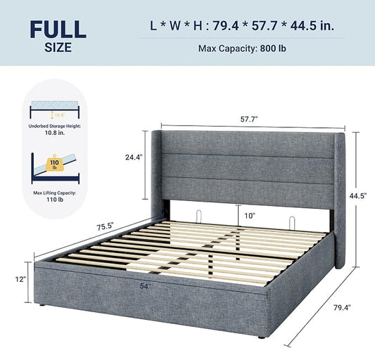 Allewie Full Size Lift Up Storage Bed, Modern Wingback Headboard, Hydraulic Support, No Box Spring Needed, Grey Blue