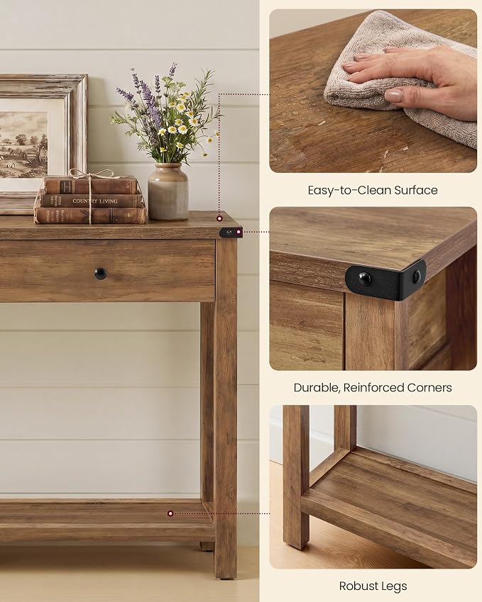 VASAGLE LIRY Collection Narrow Console Table with 3 Drawers and Storage Shelf, Long Sofa Table 9.4 x 63 x 29.9 Inch, Easy Assembly, for Entryway, Living Room, Farmhouse Style, Honey Brown ULNT148K101