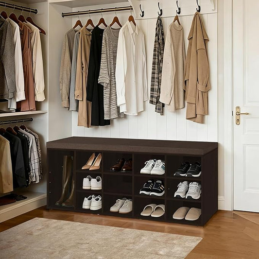DINZI LVJ Shoe Storage Bench with Cushion, 15-Cubby Shoe Rack, Adjustable Shelves, Long Shoe Organizer Bench for Entryway, Mudroom, Hallway, Living Room, Bedroom and Garage, Espresso