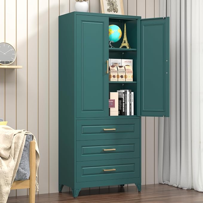 Polup 75" Tall Metal Storage Cabinet with Doors and Shelves, Heavy Duty Green Kitchen Pantry Cabinet with 3 Drawers, Freestanding Food Cupboard Storage Organizers for Laundry, Garage, Dining Room
