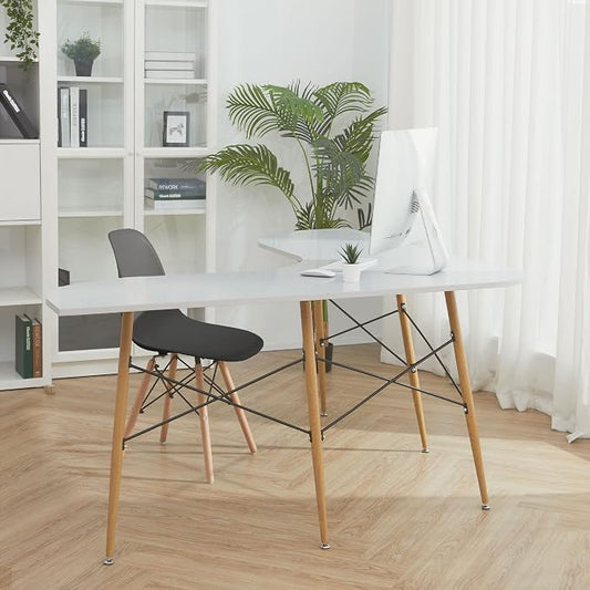 Teamson Home Roberto Mid-Century Modern L-Shaped Corner Desk with Tapered Legs and Black Metal Accents, Light Gray