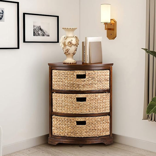 eHemco Hampton Meadows 3 Tier X-Side Corner Table Storage Cabinet, Walnut | 3 Wicker Baskets