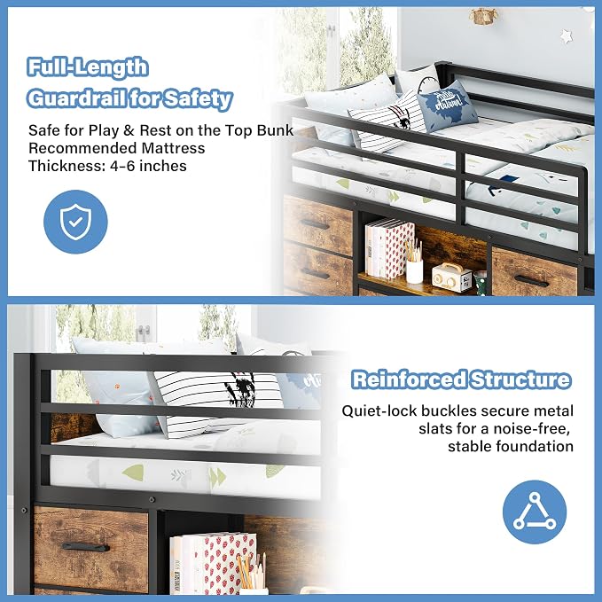 Einhomn Twin Low Loft Bed with 8 Drawers, Bookshelf, Heavy Duty Metal Kids Loft Bed with 13 Inch Safety Guardrail, Play Curtain, Under-Bed Play Area - Rustic Brown