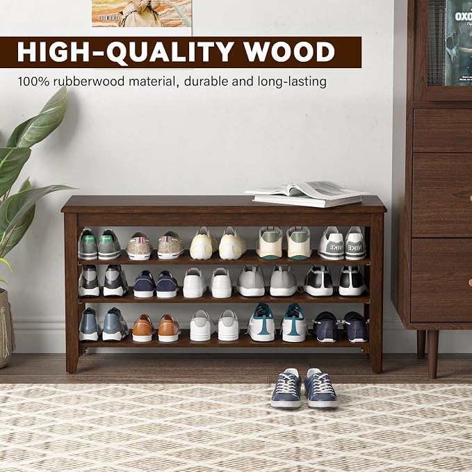Taitiy Shoe Bench Storage Rubberwood, Entryway Bench with 3-Tiers Height Adjustable, Shoe Rack Front Door Entrance Organizer for Hallway Living Room, Mudrooms, Walnut,31.5"