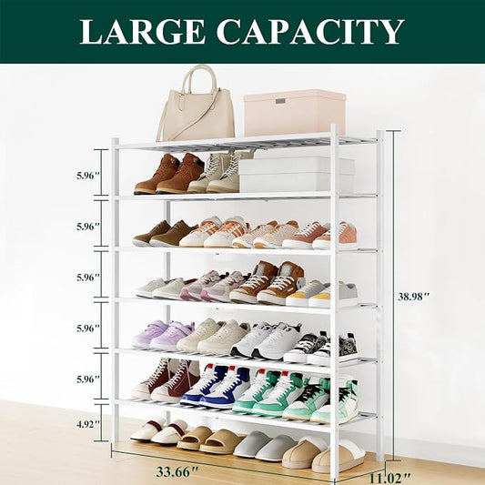 Smiry Long Bamboo Shoe Rack, 6 Tier Free Standing Wooden Shoe Organizer, Stackable Wood Shoe Storage Shelf for Closet, Entryway, 12 Vertical Slats, 2+2+2 Stack Standard Legs, 33.7"x11"x39", White