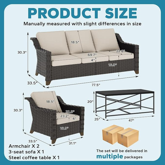 4 Pieces Outdoor Conversation Furniture Set - 77" Patio Sofa, 2 Wicker Armchairs, 1 Metal Coffee Table, Patio Wicker Furniture Set with Water-Resistant Cushions for Sunroom (Beige)