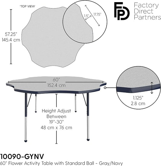 FDP Flower Activity School and Office Table (60 inch), Standard Legs with Ball Glides for Collaborative Seating Environments, Adjustable Height 19-30 inches - Gray Top and Navy Edge