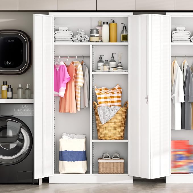 Greenvelly Metal Wardrobe Cabinet with Locking Doors, 72"H White Metal Wardrobe Closet with Hanging Rods and Adjustable Shelves, Clothing Storage Closet for Home, Office, Employee, Gym (16" D x 32" W)