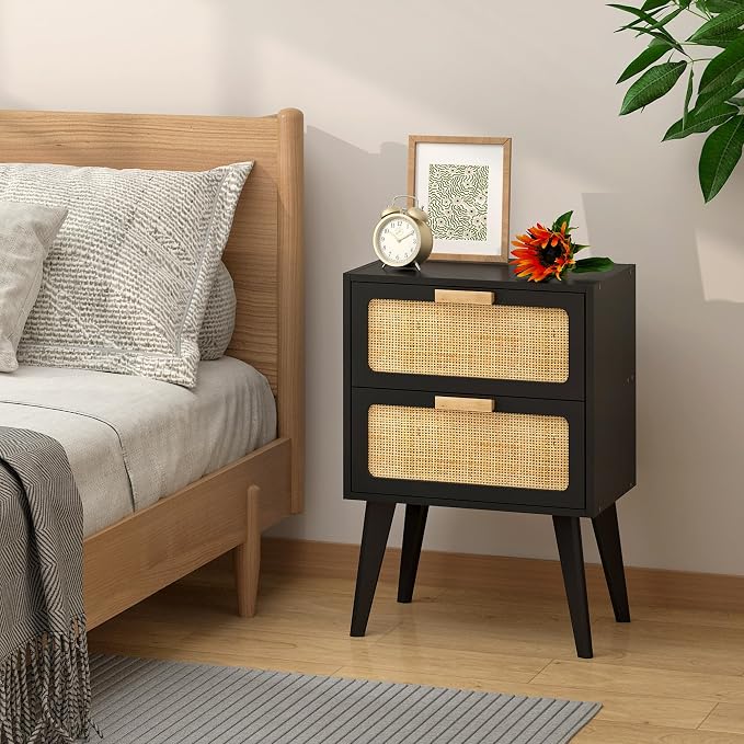 YAUKOMEL Black Nightstand, Wood End Table, Side Table with 2 Hand Made Rattan Decorated Drawers,Boho Bedside Table,Wood Accent Table with Storage for Livingroom, Bedroom, Black CTG59B