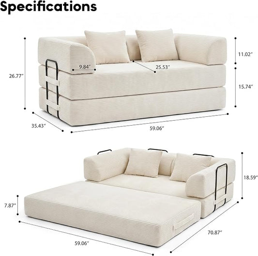 59“ Convertible Floor Sofa Bed, 5-in-1 Futon Sofa Bed Modular Sleeper Couch, Corduroy Pull Out Loveseat with Curved Armrest, Boneless Couches for Living Room, No Assembly Required, Beige White