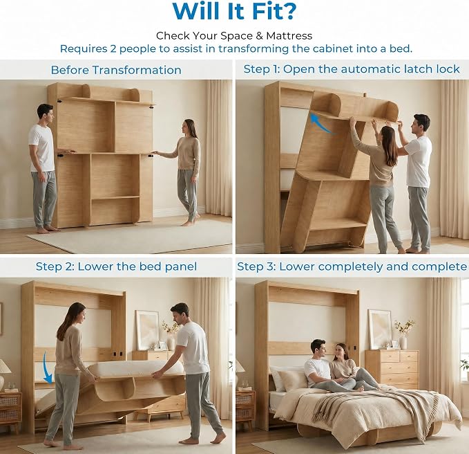 Mjkone Queen Size Wall Murphy Bed with Storage Shelf, Queen Wall Beds Cabinet Murphy Beds with Bookshelf, Top Cabinet Bed, Space-Saving Cabinets Beds for Bedroom, Guest Room, Studio, Office-Wood Color