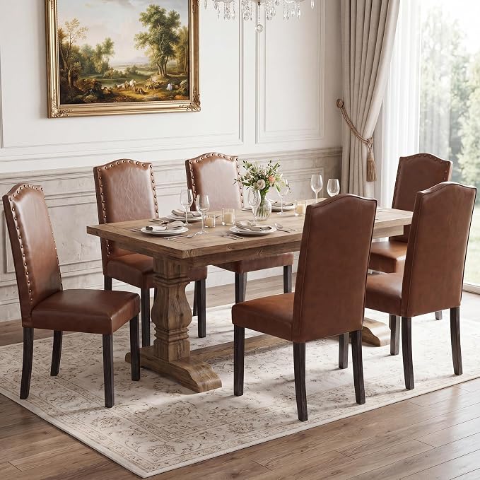 LSSBOUGHT PU Dining Chair Set of 2 Upholstered Parsons Kitchen Chair with Copper Nails and Solid Wood Legs for Dining Room,Restaurant(Brown, 2PCS)