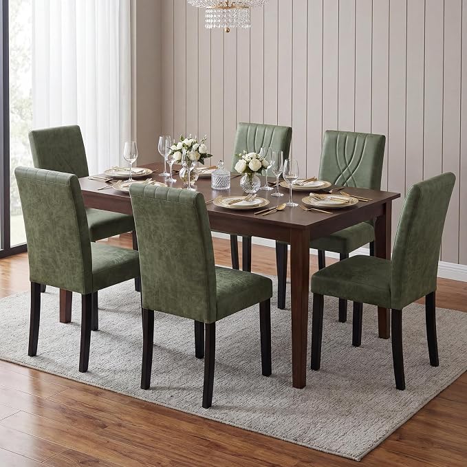 LSSBOUGHT Modern Dining Chair Set of 2,Urban Style Fabric Kicthen Chairs with Solid Wood Legs for Dining Room and Restaurant (Green-Quilted backrest)