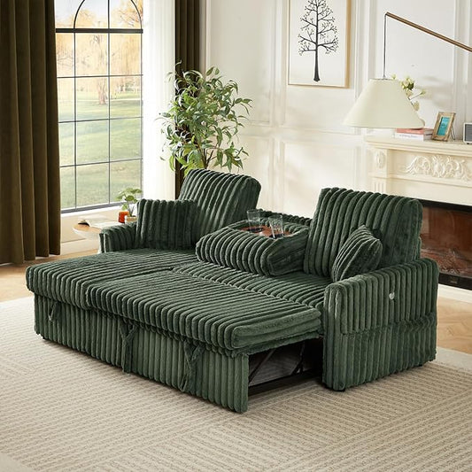 KCGKCG Sleeper Sofa Bed, 81” Pull Out Couch Bed with Reversible Storage Chaise, 3 in 1 L-Shaped Couch with Charging Station, Cup Holder, Side Pocket, Plush Corduroy Couches for Living Room(Green)
