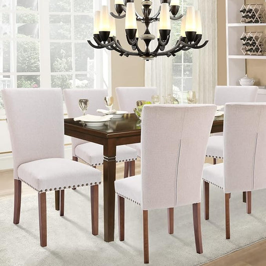 Upholstered Fabric Dining Chairs Set of 2, Parsons Dining Room Kitchen Side Chair with Nailhead Trim and Wood Legs - Beige