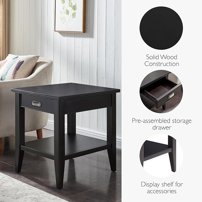 Leick Home Laurent End Table, Solid Wood, 1 Drawer, Bottom Display Shelf, Easy Assembly, for Bedroom/Living Room, Black, 24.0 in L x 20.0 in. W x 24.0 in. H, 10507-BK