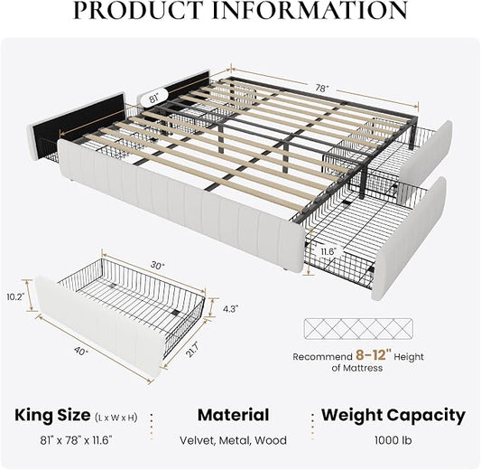 SHA CERLIN King Size Velvet Upholstered Platform Bed Frame with 4 Storage Drawers, Vertical Channel Tufted, Low Profile, Fits Standard Headboards, Wooden Slats Support, Easy Assembly, White